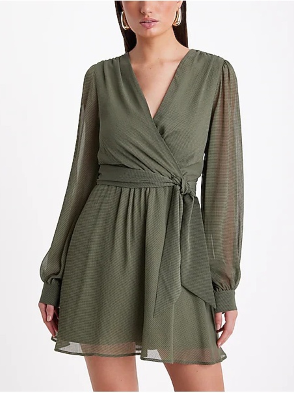 Express Olive Green Tie-Waist Wrap Dress